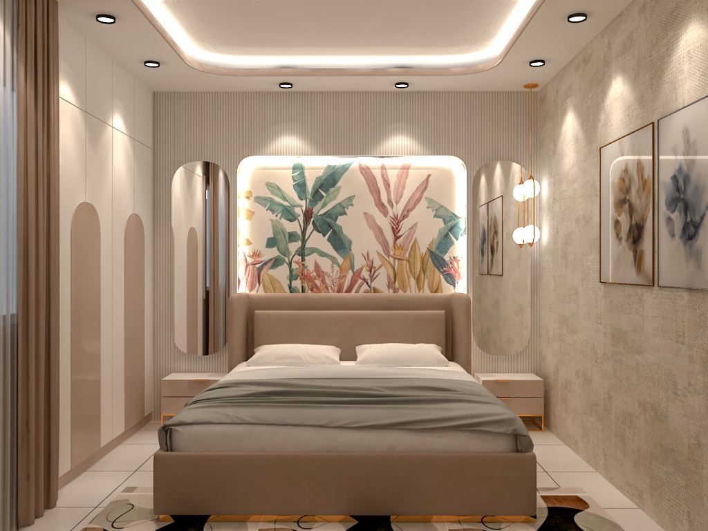 A modern bedroom with warm wood textures and elegant lighting